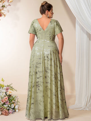 Plus Size Short Sleeve Ruffle A-Line Floor Length V-Neck Evening Dresses