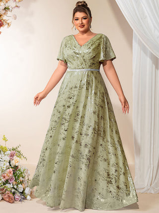 Plus Size Short Sleeve Ruffle A-Line Floor Length V-Neck Evening Dresses