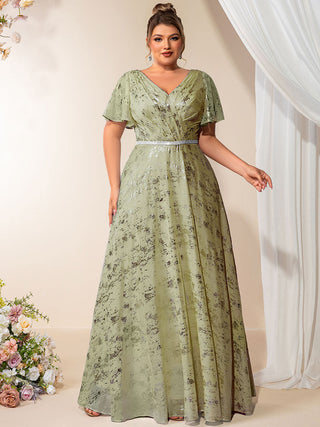 Plus Size Short Sleeve Ruffle A-Line Floor Length V-Neck Evening Dresses