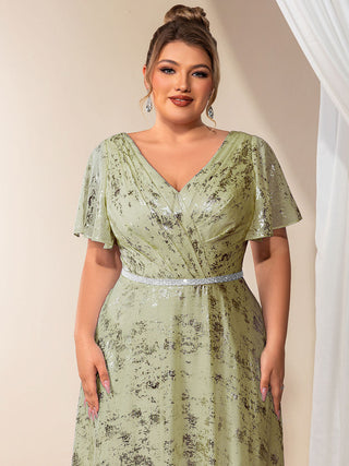 Plus Size Short Sleeve Ruffle A-Line Floor Length V-Neck Evening Dresses