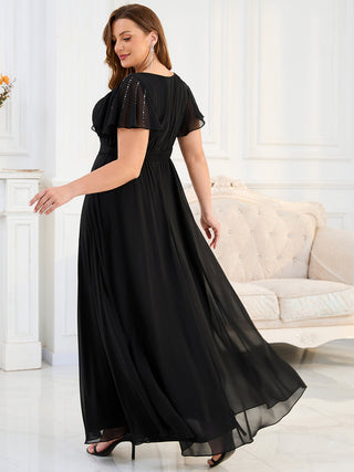 Plus Size Short Sleeve Ruffle V-Neck Pleated A-Line Floor Length Evening Dresses