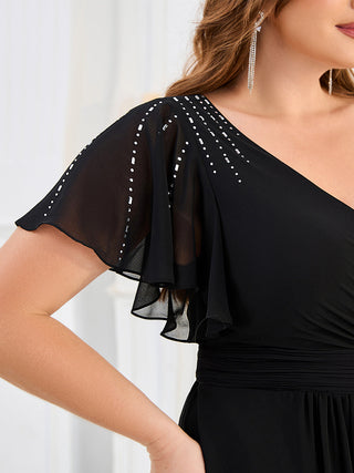 Plus Size Short Sleeve Ruffle V-Neck Pleated A-Line Floor Length Evening Dresses