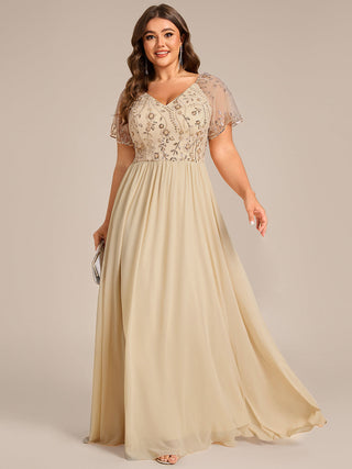 Plus Size Short Sleeve Ruffle V-Neck A-Line Floor Length Evening Dress
