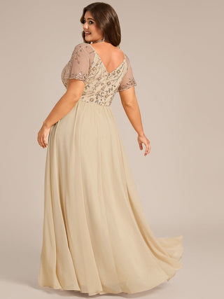 Plus Size Short Sleeve Ruffle V-Neck A-Line Floor Length Evening Dress