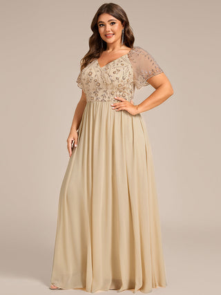 Plus Size Short Sleeve Ruffle V-Neck A-Line Floor Length Evening Dress