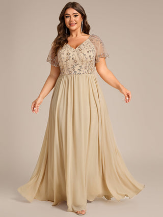 Plus Size Short Sleeve Ruffle V-Neck A-Line Floor Length Evening Dress