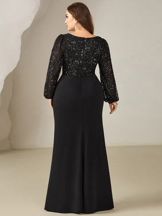 Plus Size Long Sleeve Fishtail Sequin V-Neck High Stretch Evening Dresses