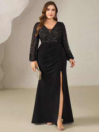 Plus Size Long Sleeve Fishtail Sequin V-Neck High Stretch Evening Dresses