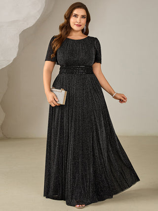 Plus Size Short Sleeve Ruffle Sequin Round Neck A-Line Floor Length Evening Dresses