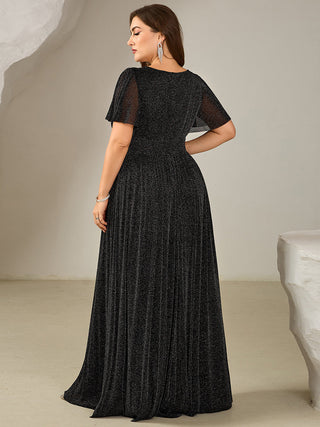 Plus Size Short Sleeve Ruffle Sequin Round Neck A-Line Floor Length Evening Dresses