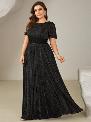 Plus Size Short Sleeve Ruffle Sequin Round Neck A-Line Floor Length Evening Dresses