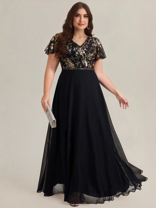 Plus Size Short Sleeve Ruffle Deep V-Neck A-Line Floor Length Evening Dresses