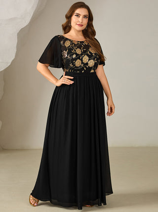 Plus Size Short Sleeve Ruffle Sequin Round Neck A-Line Floor Length Evening Dresses