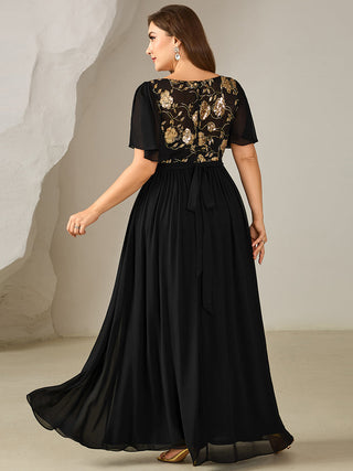 Plus Size Short Sleeve Ruffle Sequin Round Neck A-Line Floor Length Evening Dresses
