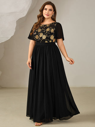 Plus Size Short Sleeve Ruffle Sequin Round Neck A-Line Floor Length Evening Dresses