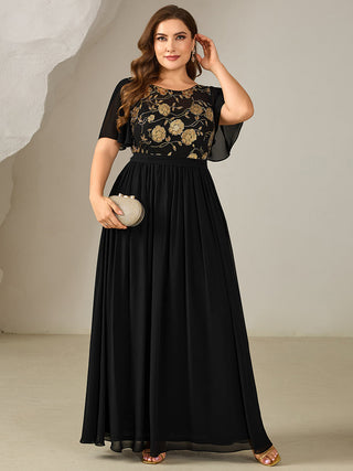 Plus Size Short Sleeve Ruffle Sequin Round Neck A-Line Floor Length Evening Dresses