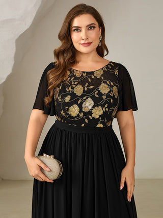 Plus Size Short Sleeve Ruffle Sequin Round Neck A-Line Floor Length Evening Dresses