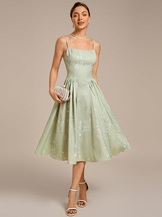 Sleeveless Floral A-Line Square Neck Midi Wedding Guest Dress