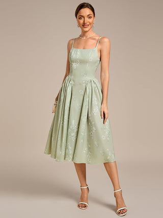 Sleeveless Floral A-Line Square Neck Midi Wedding Guest Dress