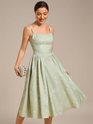 Sleeveless Floral A-Line Square Neck Midi Wedding Guest Dress