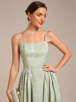 Sleeveless Floral A-Line Square Neck Midi Wedding Guest Dress