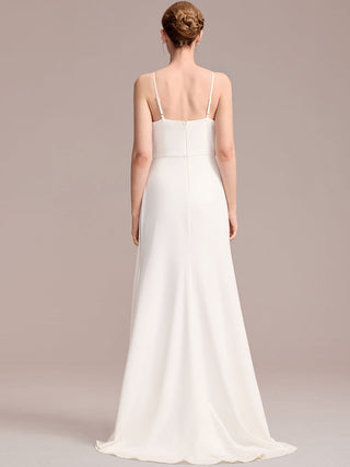 Sleeveless Fishtail Deep V-Neck Embroidered Wedding Dress with Ribbons