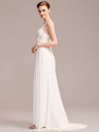 Sleeveless Fishtail Deep V-Neck Embroidered Wedding Dress with Ribbons