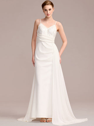 Sleeveless Fishtail Deep V-Neck Embroidered Wedding Dress with Ribbons
