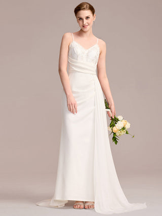Sleeveless Fishtail Deep V-Neck Embroidered Wedding Dress with Ribbons