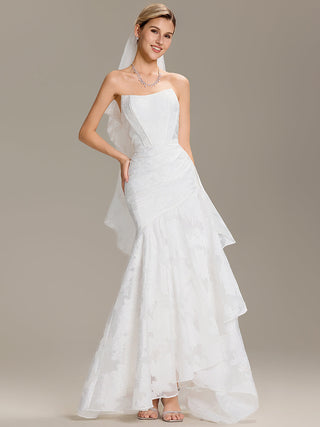 Strapless Cold Shoulder Fishtail Jacquard Floor Length Wedding Dresses