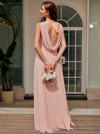 Everi Drape Neck, Applique & See-Through Chiffon Bridesmaid Dress
