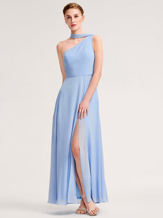 Sleeveless A-Line Floor Length Asymmetrical Dress with Thigh-High Slit