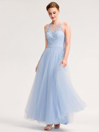 Sleeveless Halter Neck Floral Appliques A-Line Floor Length Bridesmaid Dresses