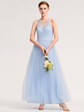 Sleeveless Halter Neck Floral Appliques A-Line Floor Length Bridesmaid Dresses