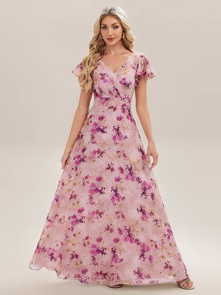 Commercial Short Sleeve V-Neck Floral Ruffle A-Line Floor Length Bridesmaid Dresses