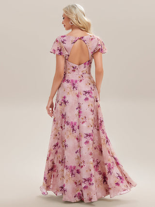Commercial Short Sleeve V-Neck Floral Ruffle A-Line Floor Length Bridesmaid Dresses