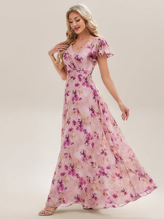 Commercial Short Sleeve V-Neck Floral Ruffle A-Line Floor Length Bridesmaid Dresses