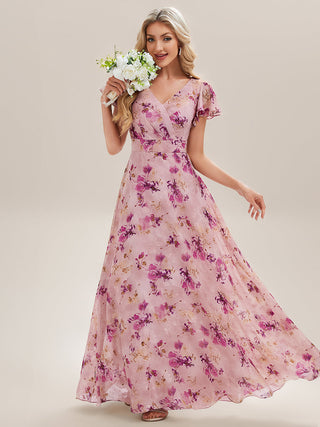 Commercial Short Sleeve V-Neck Floral Ruffle A-Line Floor Length Bridesmaid Dresses