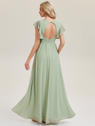 Short Sleeve Ruffled Ruched Backless A-Line Floor Length Bridesmaid Dresses