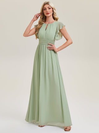 Short Sleeve Ruffled Ruched Backless A-Line Floor Length Bridesmaid Dresses