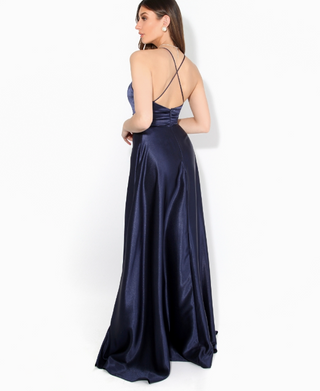 Elegant Sapphire Blue Satin Evening Gown with Plunging Neckline