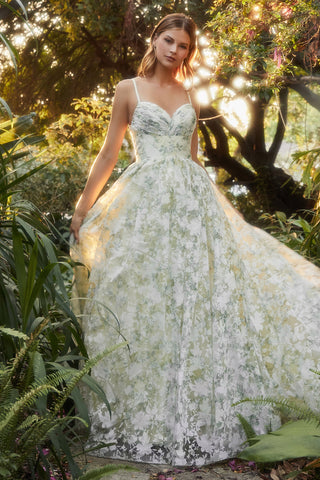 FLORAL PRINTED A-LINE ORGANZA GOWN-A1132