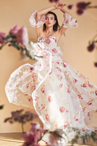 STRAPLESS ORGANZA PEONY PRINT BALL GOWN-A1133