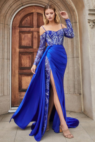 LONG SLEEVE BEADED CORSET GOWN WITH SATIN SKIRT-A1160