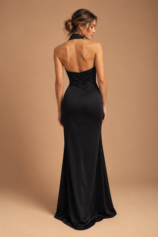 Amalia Backless Evening Dress with Jewel Detail in Black
