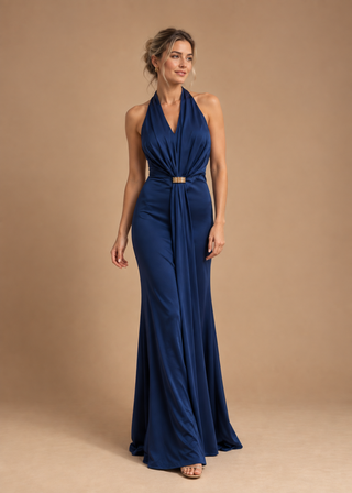 Amalia Backless Evening Dress with Jewel Detail in Navy