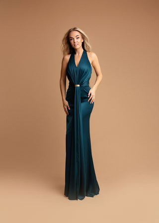 Amalia Backless Evening Dress with Jewel Detail in Oil Blue