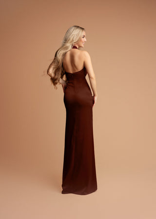 Amalia Backless Evening Dress with Jewel Detail in Brown