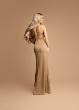 Amalia Backless Evening Dress with Jewel Detail in Beige