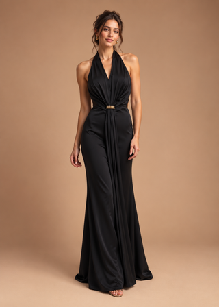 Amalia Backless Evening Dress with Jewel Detail in Black